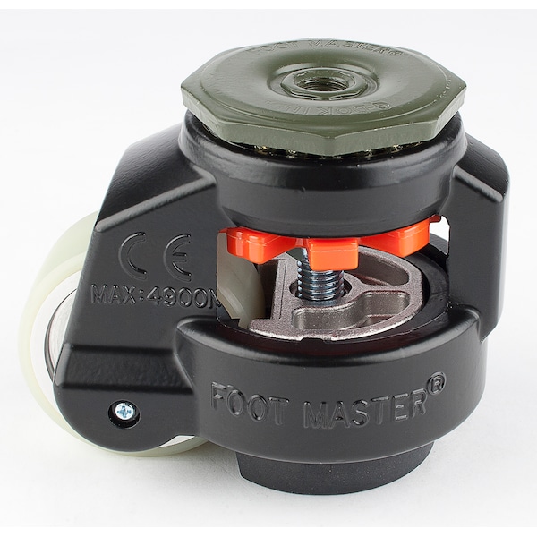 Leveling Caster, 63 mm Polyurethane Wheel, 1/2-13 Stem, Swivel, 550 kg Cap, NBR Foot Pad, Black
